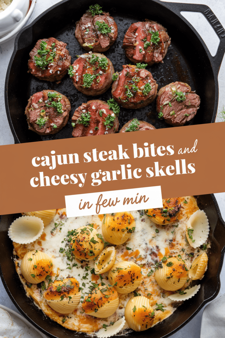Cajun Steak Bites and Cheesy Garlic Shells Skillet