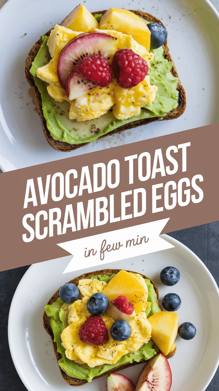Avocado Toast With Scrambled Eggs And Fruit