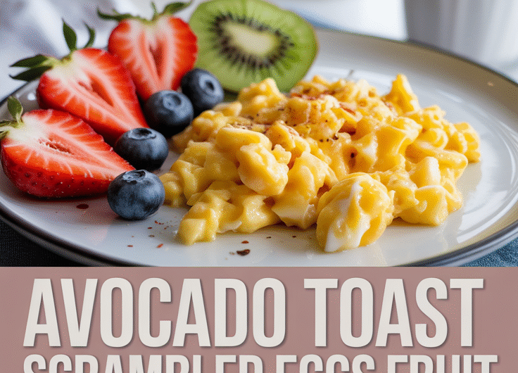 Avocado Toast with Scrambled Eggs and Fruit